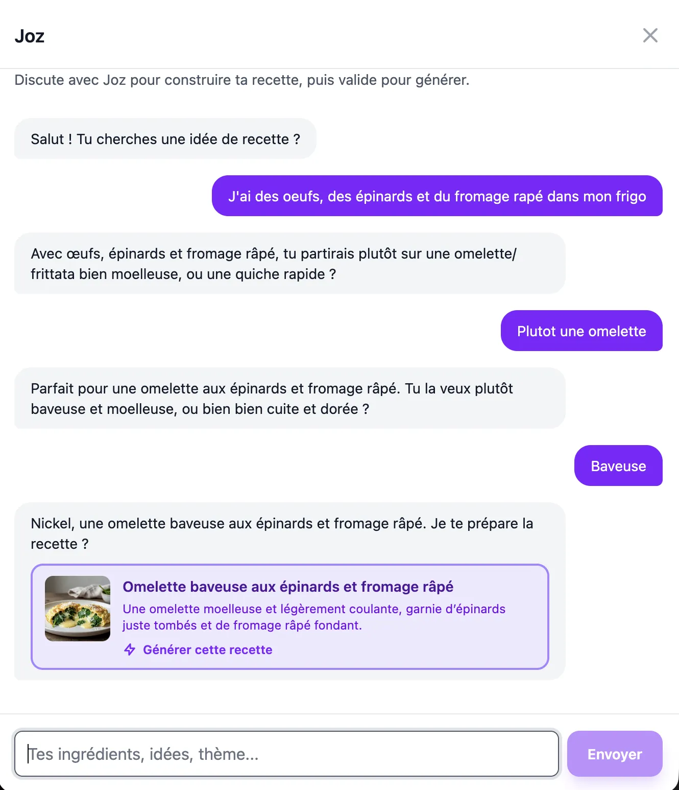 Écran de génération RecetteMoi : l'utilisateur décrit son envie culinaire.