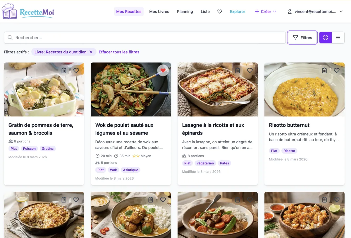 Interface de RecetteMoi : les recettes organisées par livres de cuisine.