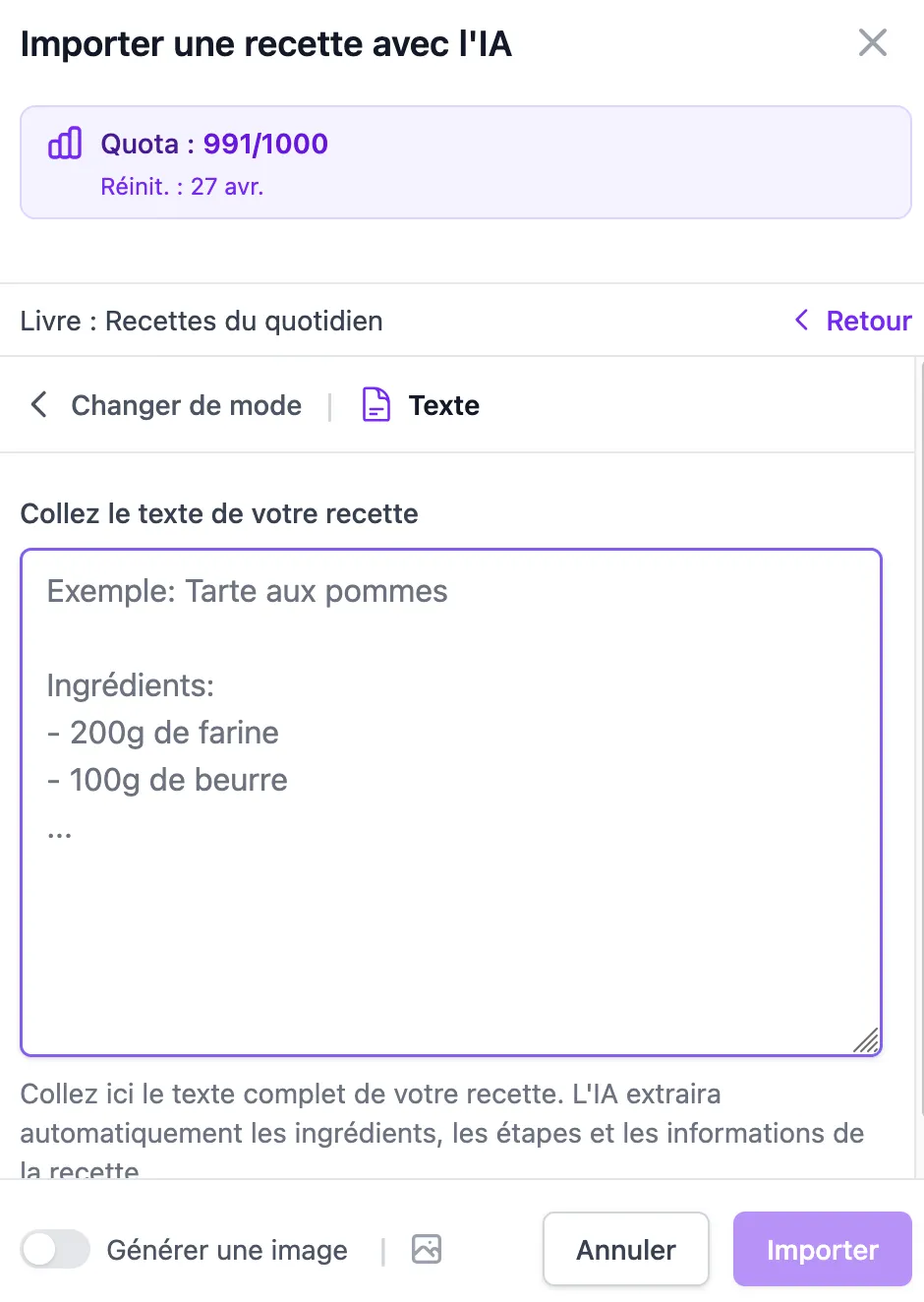 Écran d'import RecetteMoi : saisie de l'URL d'une recette à importer.