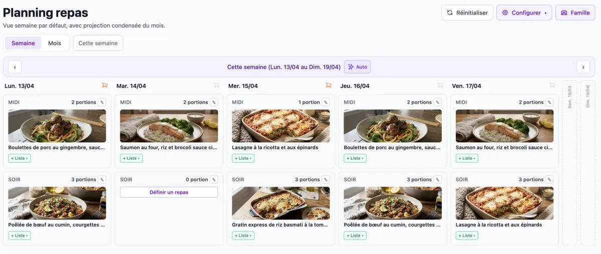 Planning de repas hebdomadaire de RecetteMoi, vue semaine avec glisser-déposer.